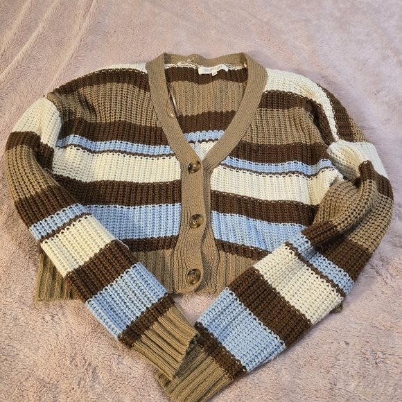 Ultra Flirt Sweaters - Ultra Flirt Brown, Blue, and Cream Striped Cardigan